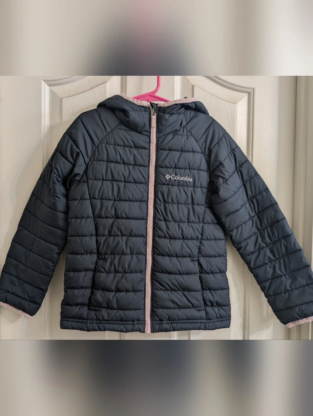 Kids XS 6/6X Columbia Navy Hooded Quilted Jacket with Pink Trim